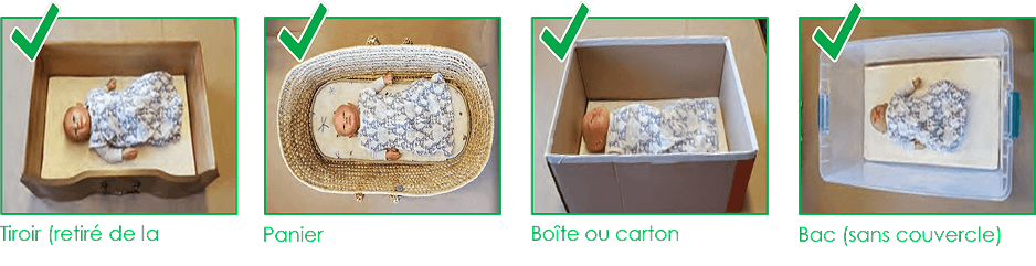 série de quatre images illustrant d’autres options de sommeil sécuritaires, soit un tiroir retiré de la commode, un panier, une boîte ou un carton, et un bac sans couvercle. On voit un nourrisson couché dans chaque image. Chacune d’entre elles est marquée d’un crochet vert en haut à gauche