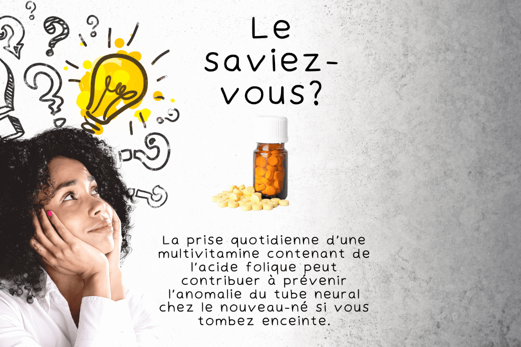 Une personne au visage flou tient son menton en réfléchissant. Autour de sa tête se trouvent des illustrations de points d’interrogation et une ampoule. On peut lire : « Le saviez-vous? Prendre une multivitamine quotidiennement avec de l’acide folique permettra de prévenir les défauts du tube neural chez votre bébé si vous tombez enceinte. » Une bouteille de pilules se trouve dans le coin inférieur droit.