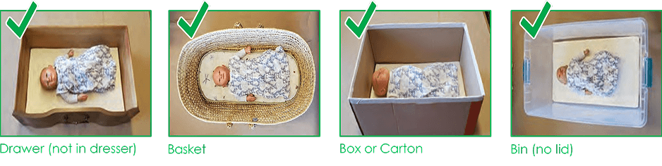 a series of four images demonstrating other safe sleep options including a drawer (not in dresser), basket, box or carton, and bin (no lid). There is an infant lying in each one, and a green check mark at the top left