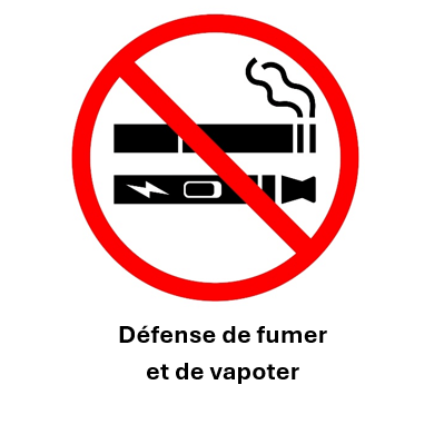 Image d’une cigarette ordinaire et d’une cigarette électronique dans un cercle rouge traversé d’une barre oblique, accompagnée des mots « Défense de fumer et de vapoter